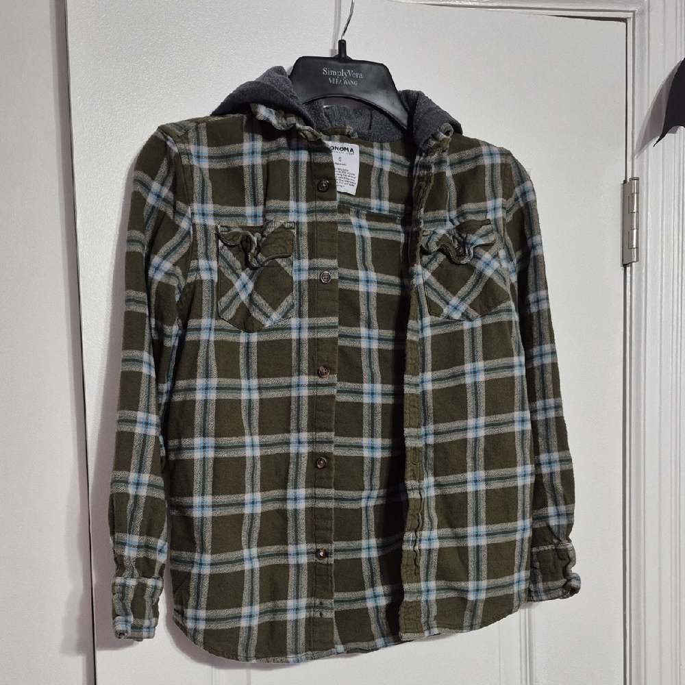 SONOMA Kids Olive and Blue Plaid Hooded Shirt Jacket
